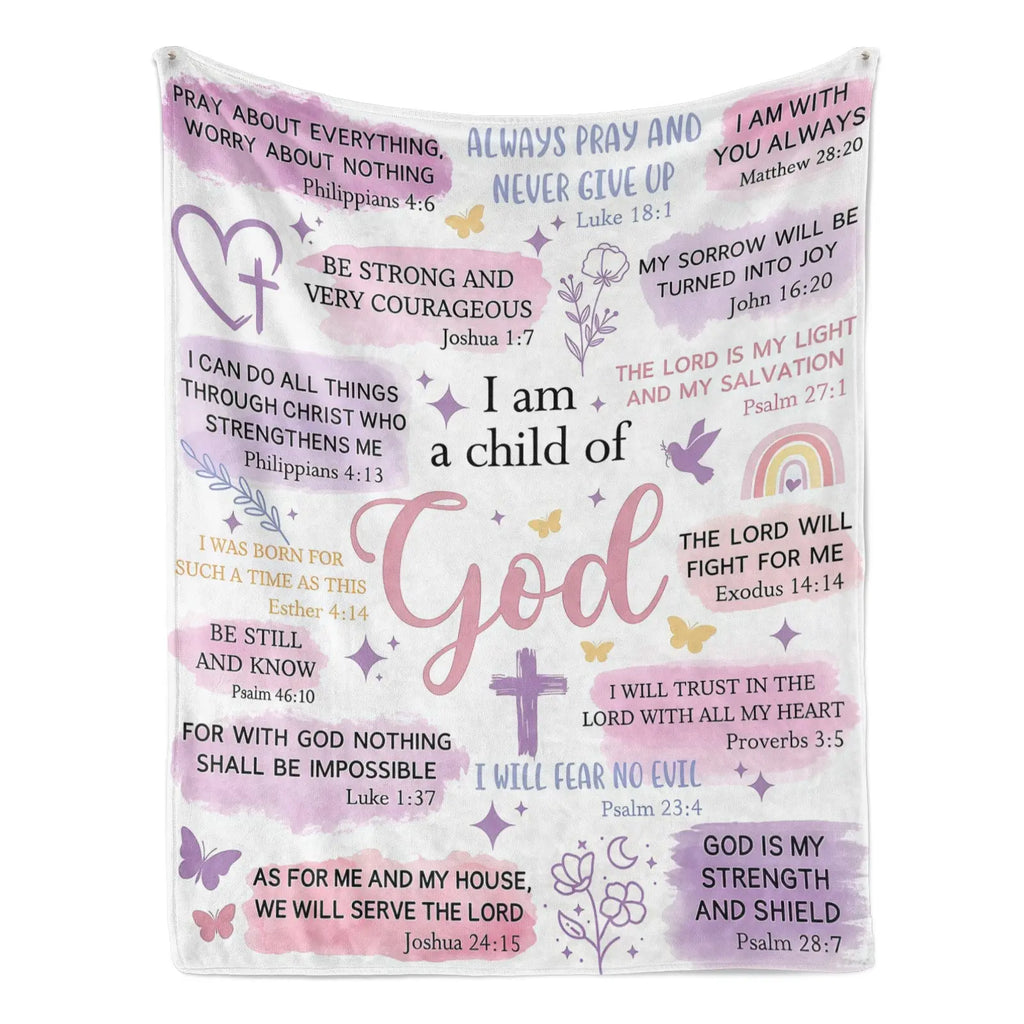 Faith-Based Printed Flannel Soft Throw Blanket (60x80 in) - "I Am A Child Of God" Bible Quote Collage, Pastel Watercolor Religious Print, Blankets for Sofa, Girl Room Decor, Heartwarming Gift for Girls,back to school,back to school shopping,home decor