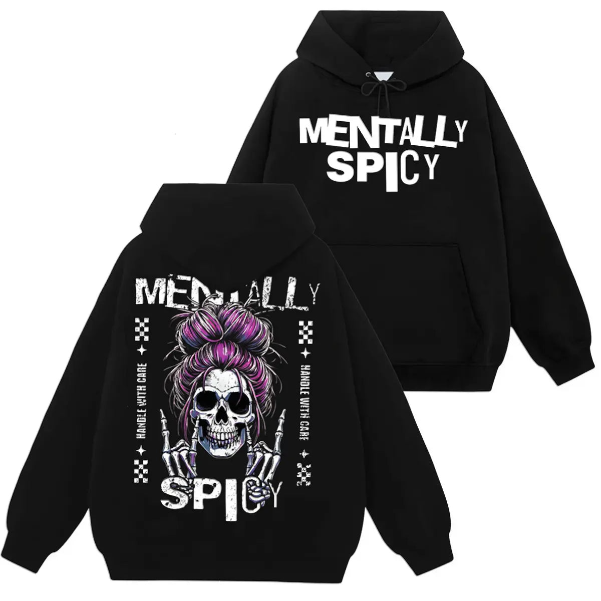 Men's Baggy Pullover Hoodie - Funny Spooky Skeleton Hands & Skull Messy Bun Graphic Print Classic Top, Soft Cotton Casual Alternative Ghost Style, for Party, Check Size Chart, Cute, Hand Wash, Do Not Bleach