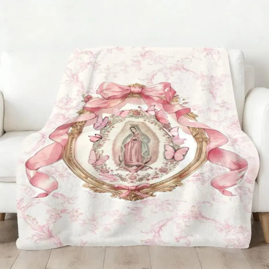 Our Lady of Guadalupe Pink Bow Frame Art Flannel Blanket - Super Soft Warm Wrinkle Resistant Polyester Throw with Colorful Cute Sloth Design, Comfy Vibes Cozy Style - Ideal for Bed, Sofa - Unique Gifts for Women
