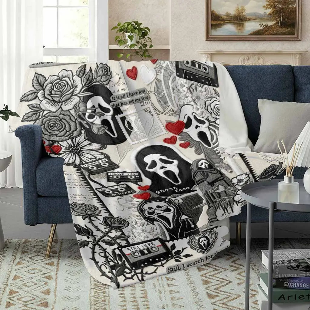 Ghost Face Roses Floral Cassette Embroidery Flannel Blanket - Soft, Warm, Lightweight, Wrinkle Resistant, Art Print Throw with Floral Accents & Face Print Option, Bedroom Decor, Halloween Decorations, House Decor Gift