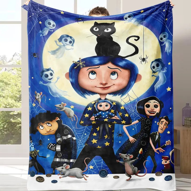 Coraline Cartoon Character Print Soft Flannel Blanket - Home & Travel Use Bed Throw, Ideal Holiday Christmas Birthday Gift for Teens & Children, General Use for Adults, Sohochic Flannel Blankets