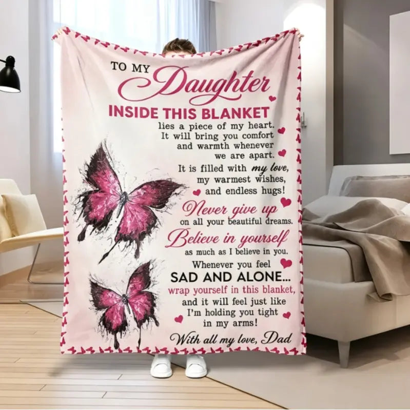 Mama&Papa Inspirational Blanket for Daughters&Son-the perfect graduation gift, birthday present, back-to-school gift, or Christmas present. Features pink butterfly embellishments and makes a lovely addition to your daughter’s bedroom.