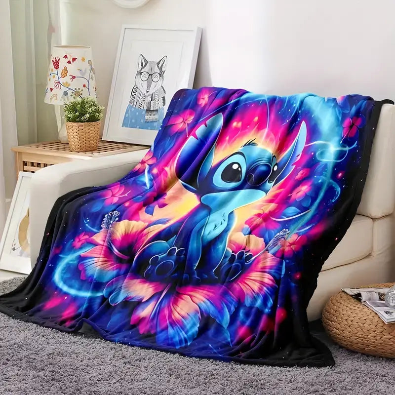 [SummerVibes] DISNEY CLASSIC Stitch Flannel Blanket - Soft, Warm, Vibrant Blue & Purple Design with Glowing Orbs & Floral Accents, Machine Washable, Ideal for Sofa, Bed, Beach