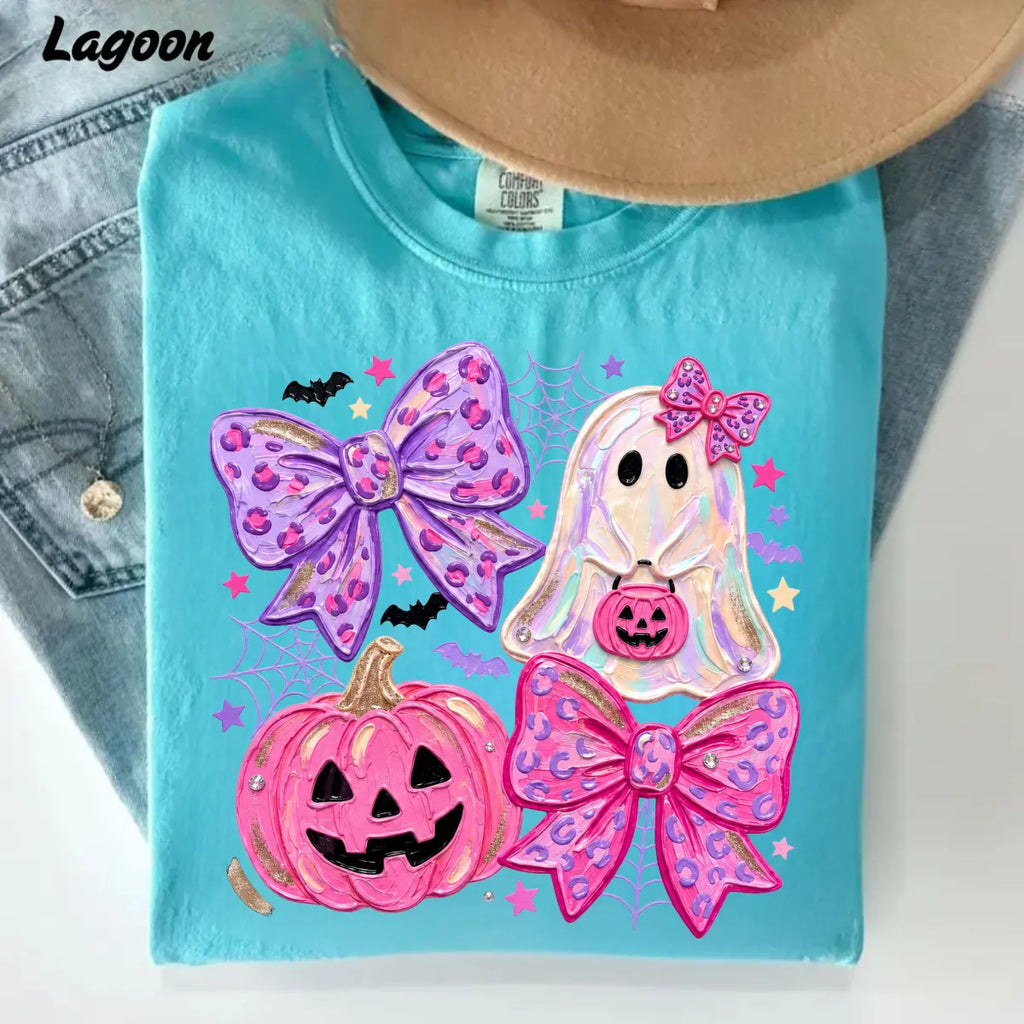 Comfort Colors Preppy Ghost Coquette Shirt, Cute Pink Bow Halloween T-Shirt, Girly Spooky Season Graphic Tee, Retro Fall Ghost Apparel, Trendy Gift