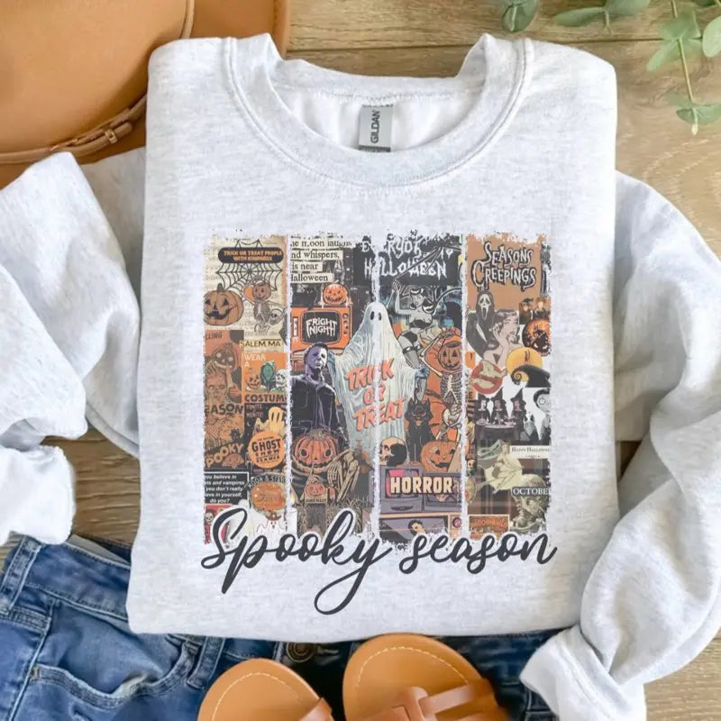 Spooky Season Collage Sweatshirt - Ash Grey - Spooky Sweatshirt