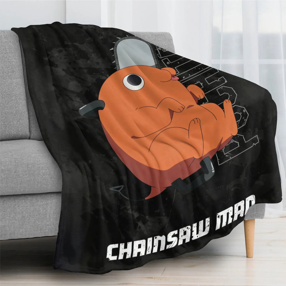Chainsaw Man Pochita Cute Pattern Flannel Blanket Light Yellow with Adorable Pochita Eating Toast Repeated in Playful Design for Fans
