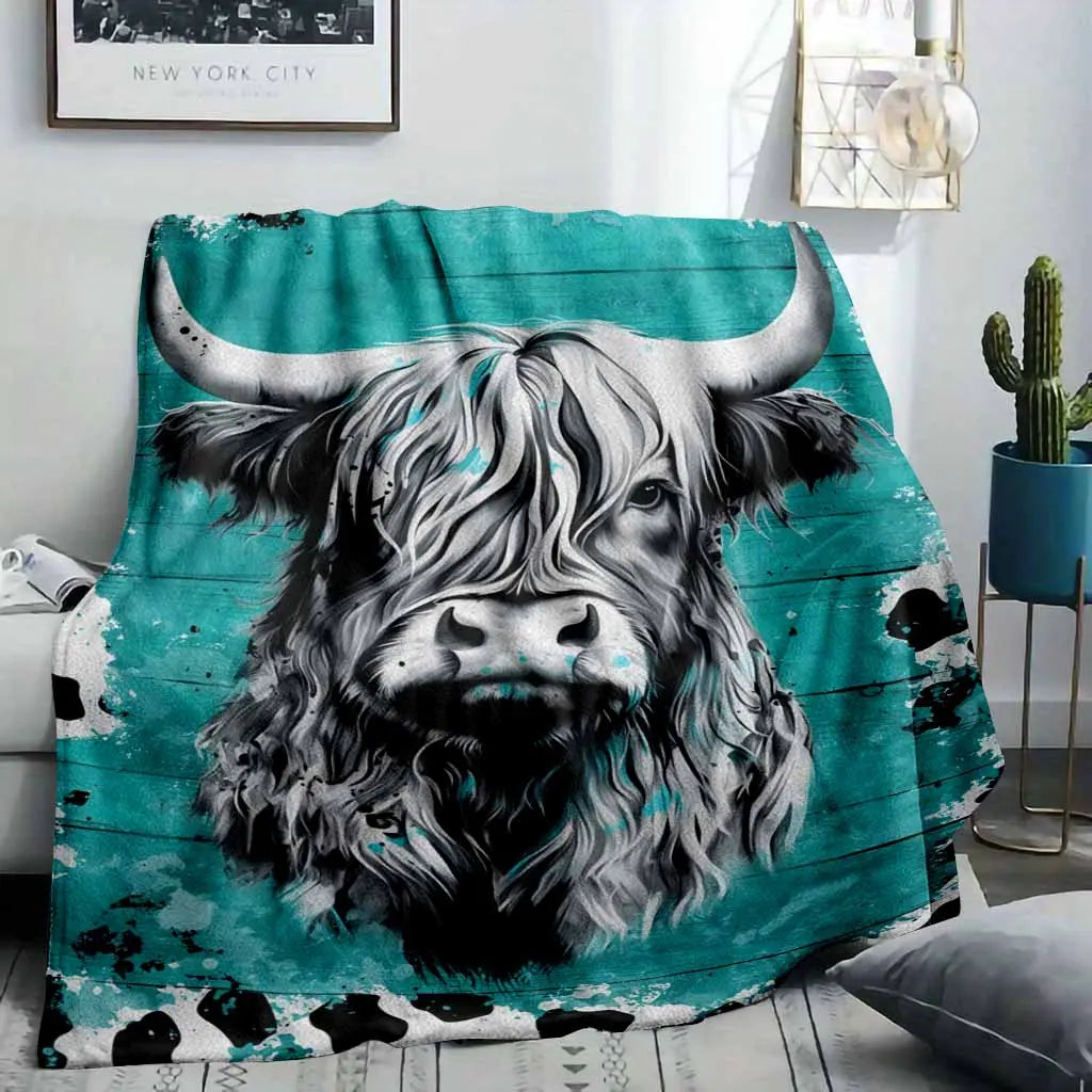 Highland Cow Flannel Blanket - Turquoise Abstract Animal Print, Soft Warm Lightweight, Wrinkle Resistant, Anti-Pilling, Color Stays Vivid Longer, Cozy Throw for Living Room Decor, Bedroom Sofa, Home Gift & Cozy Setup, Indoor/Outdoor