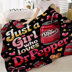 Dr Pepper Character-Themed Flannel Lap Fleece Throw Blanket, Pink Bow Heart Art Print, Cozy Setup for Sofa Bed Travel, Gifts for Women Gf Gift Feel Cosy Home Decor for Soda Enthusiasts Girls