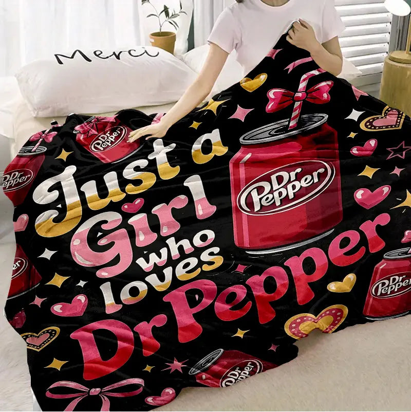 Dr Pepper Character-Themed Flannel Lap Fleece Throw Blanket, Pink Bow Heart Art Print, Cozy Setup for Sofa Bed Travel, Gifts for Women Gf Gift Feel Cosy Home Decor for Soda Enthusiasts Girls