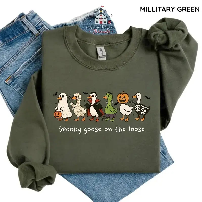 Spooky Goose on the Loose Sweatshirt, Funny Halloween Goose Graphic, Unisex Crewneck for Fall, Apparel Made In The US - Caps Apparel