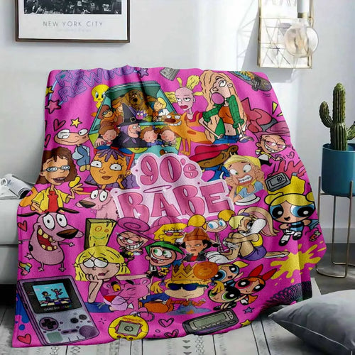 90s Nostalgic Cartoon Collage Flannel Fleece Blanket - Iconic Retro Pop Culture Characters Print, Breathable Soft Comfy Cozy Throw, Decorative Sofa Blanket for Living Room, Travel Gifts, Breathable Soft Blanket