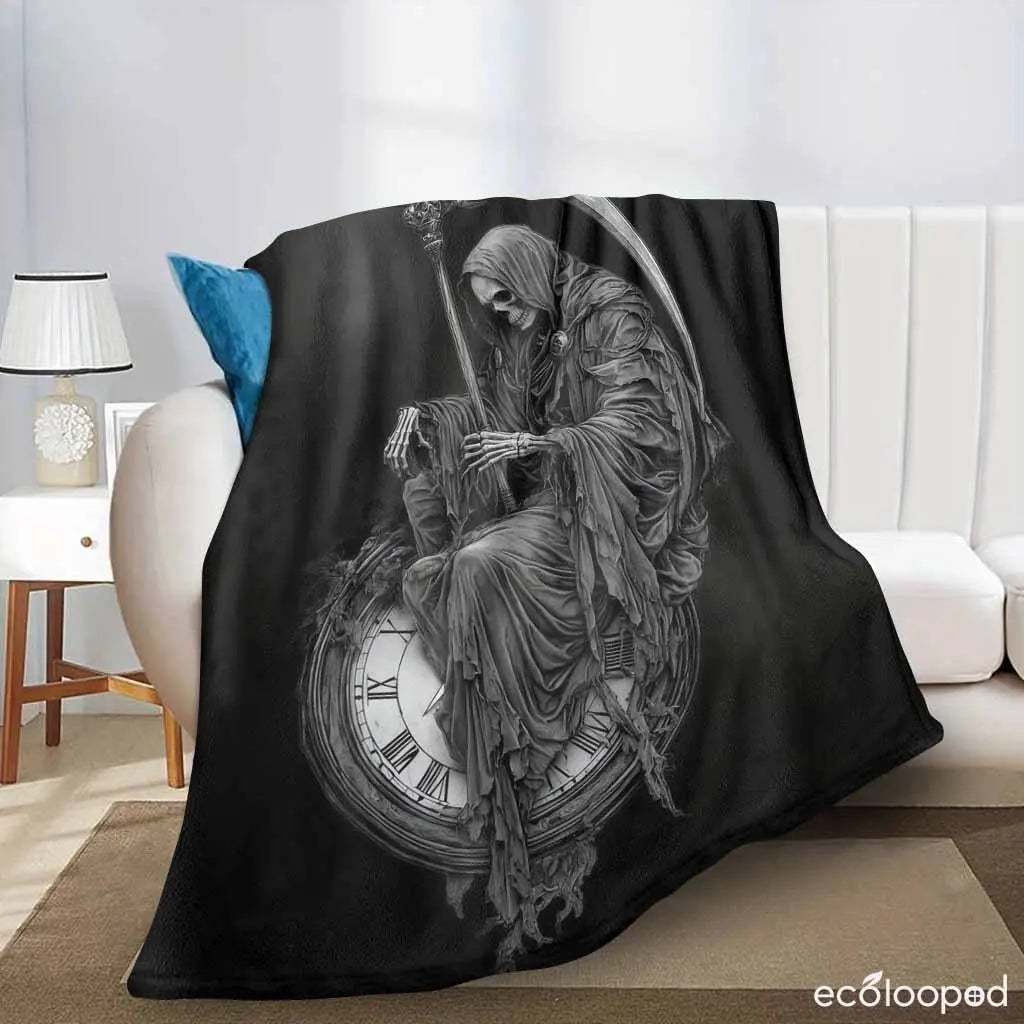 Grim Reaper Flannel Throw Blanket - Soft, Gentle on Skin, Death & Time Clock Print, Lightweight, Anti-Pilling, Wrinkle Resistant, Gothic Home Decor, Halloween Gift for Dark Fantasy Lovers, Cozy Warm Bedding Blanket