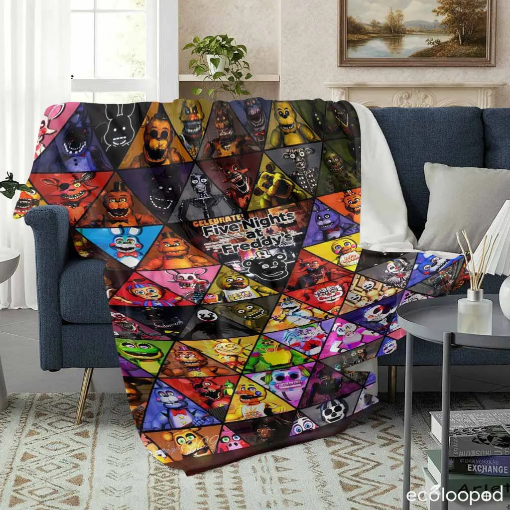 5 Nights at Freddy's (FNAF) Cartoon Character Flannel Throw Blanket - 60×80 in XL Bedding Cover, Lightweight, Cozy, Soft, Durable, Wrinkle-Resistant, Smooth Texture, Breathable, Vivid Dye, Ideal for Home/Indoor/Bedroom, Gifts, All Seasons, Halloween