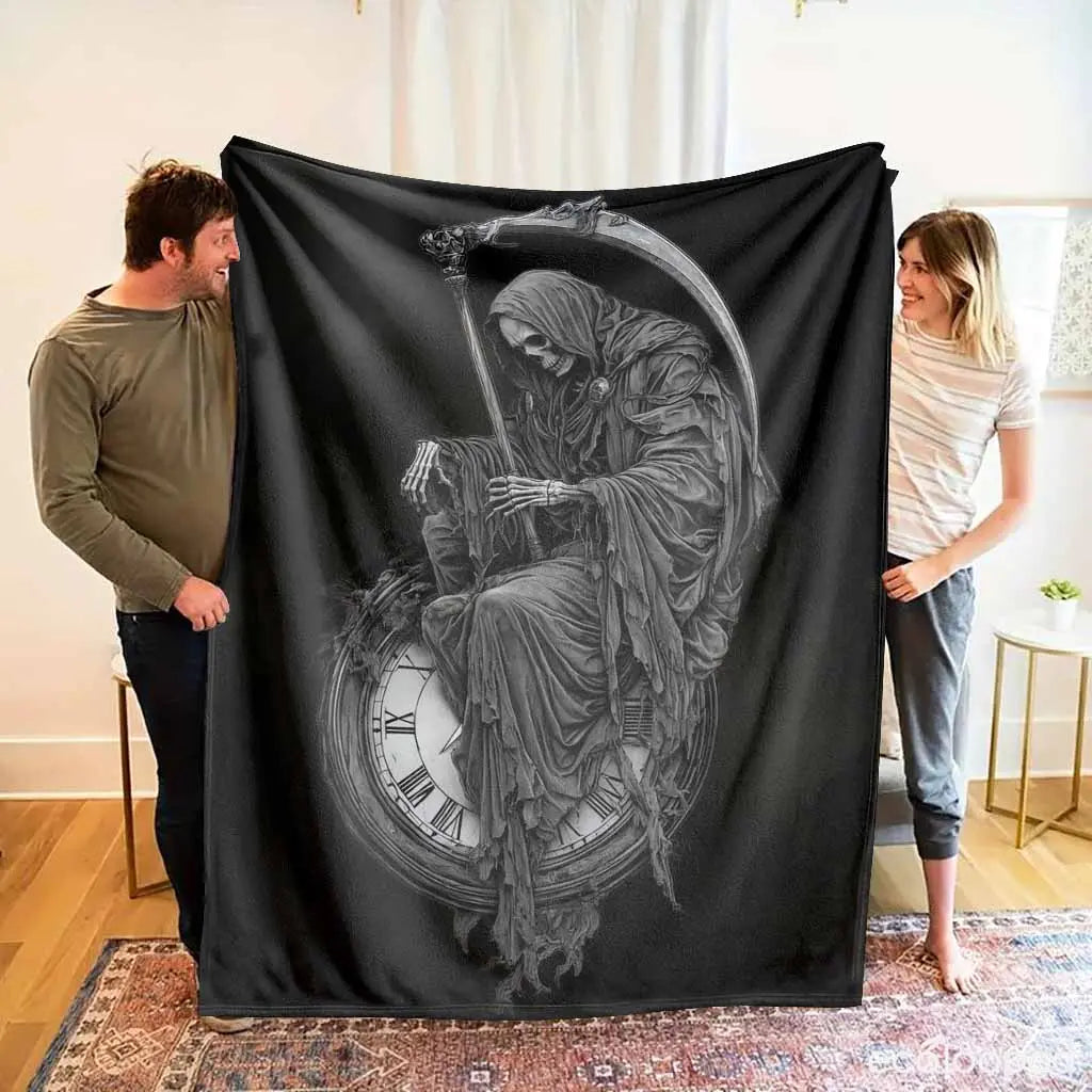 Grim Reaper Flannel Throw Blanket - Soft, Gentle on Skin, Death & Time Clock Print, Lightweight, Anti-Pilling, Wrinkle Resistant, Gothic Home Decor, Halloween Gift for Dark Fantasy Lovers, Cozy Warm Bedding Blanket