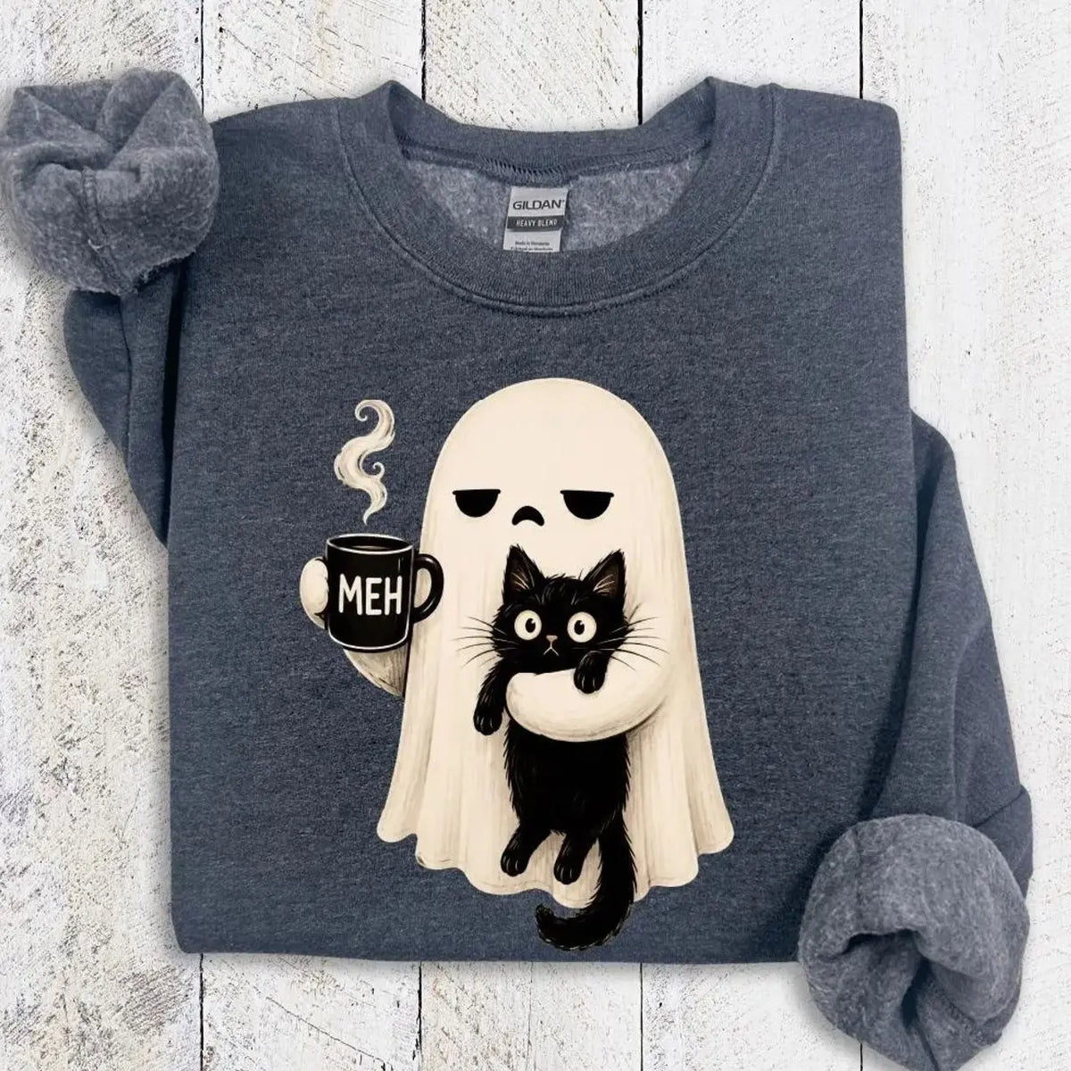 Ghost Holding Black Cat Sweatshirt, Meh Coffee Ghost Halloween Sweatshirt, Funny Spooky Cat Hoodie, Cute Halloween Graphic Tee, Fall Autumn Spooky Season Outfit, Halloween Party Apparel, Gift for Women & Men