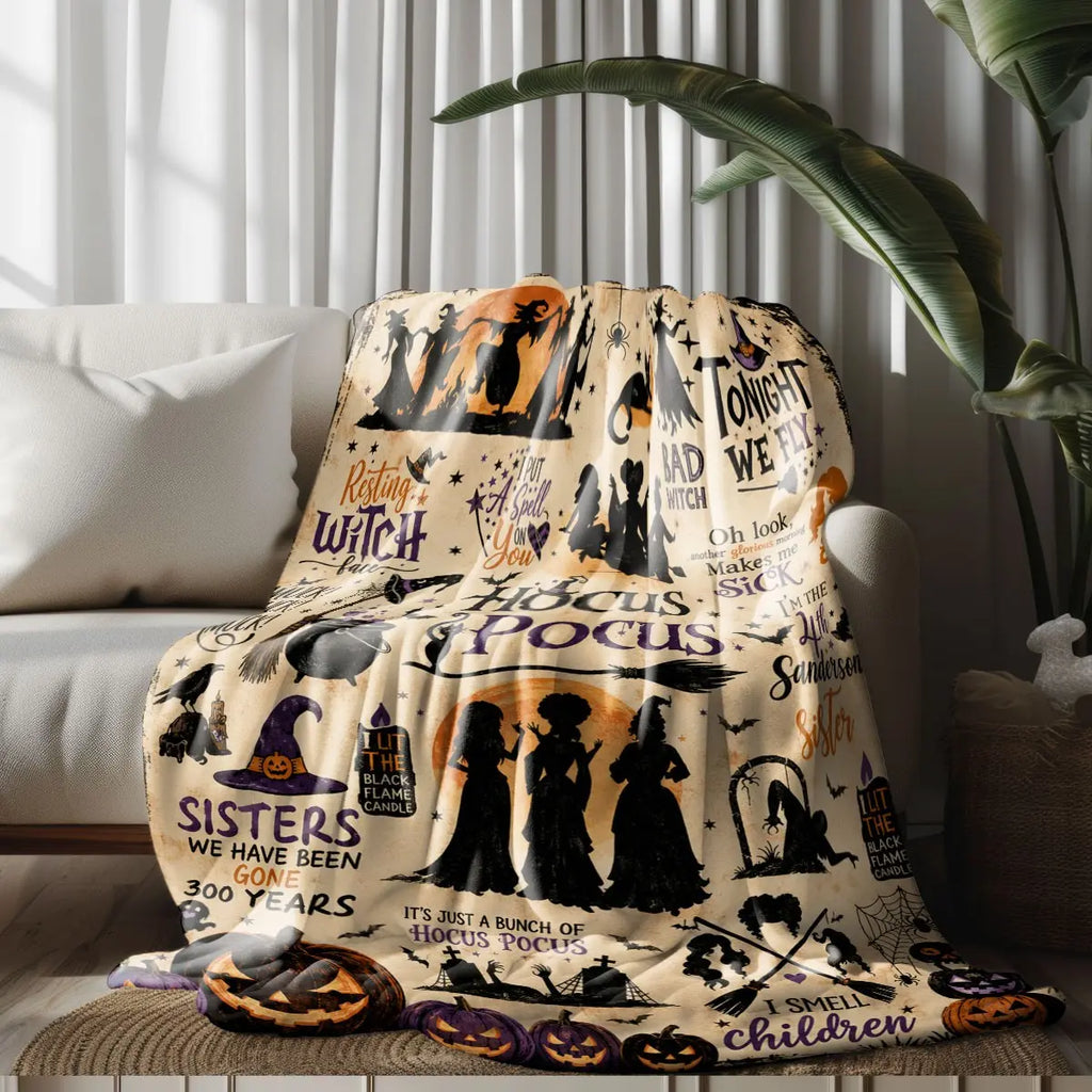 Comfortable Halloween Three Witches & Pumpkin Print Flannel Blanket, Soft Warm Anti-Pilling Cozy Throw, Ideal Fall & Winter Gift, Fall Blankets