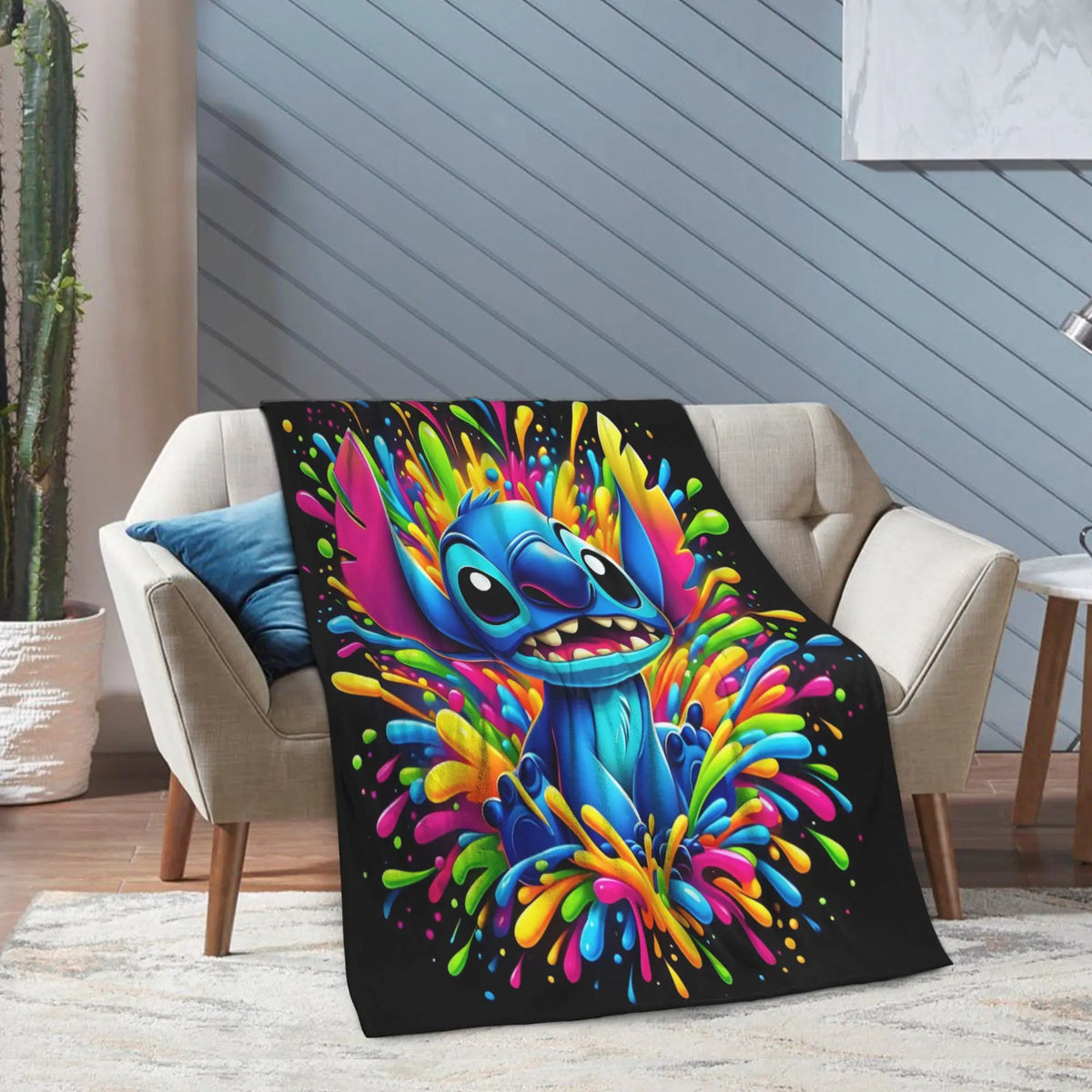 [SummerVibes] DISNEY CLASSIC Lilo & Stitch Colorful Splash Throw Blanket - Super Soft Flannel, Lightweight, Ideal for Couch, Camping & Outdoor Use