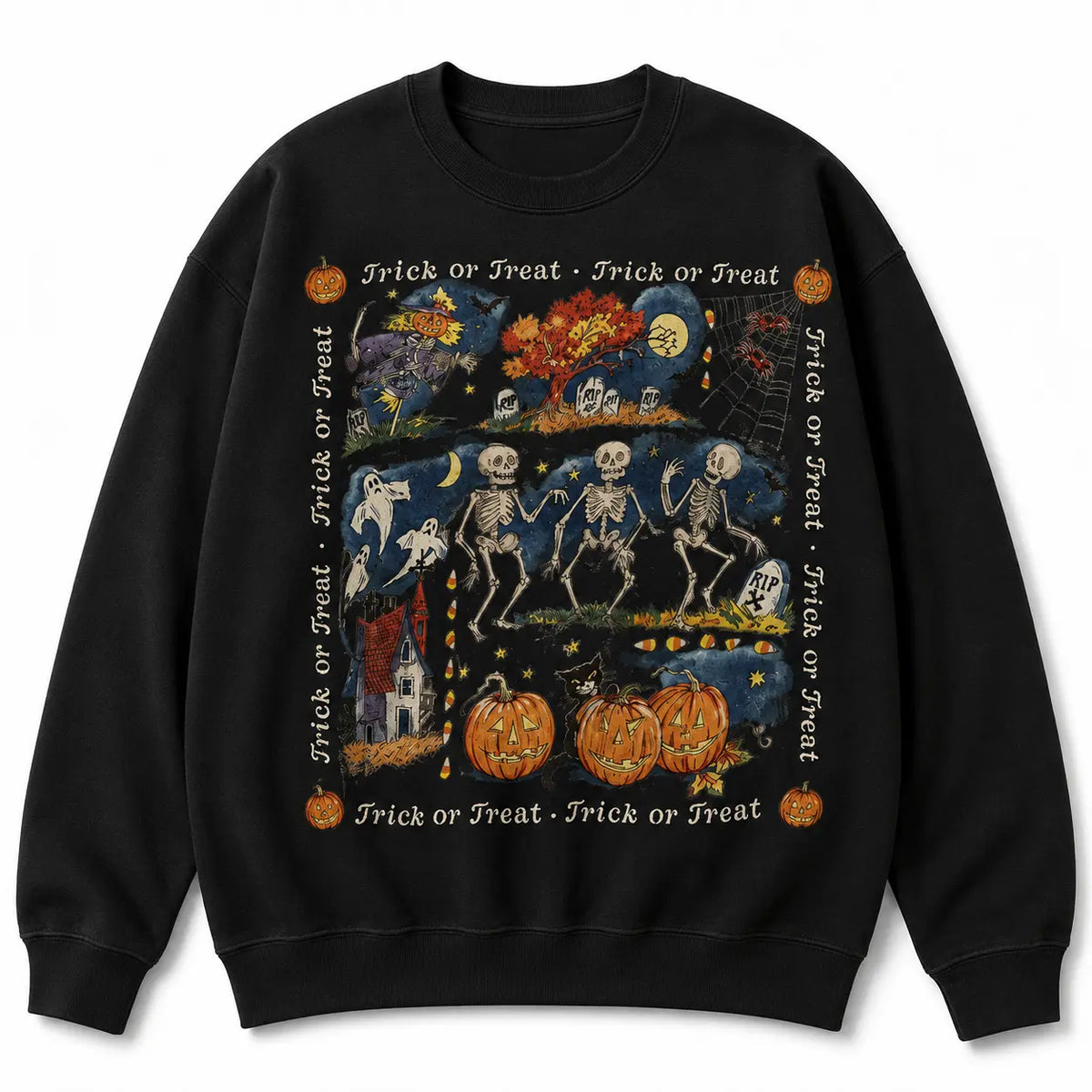 Halloween Skeleton Crewneck Vintage 90s Cotton Unisex, Trick or Treat Halloween Aesthetic, Garment-Dyed Soft, Women's Fall Relaxed Fit Sweatshirt