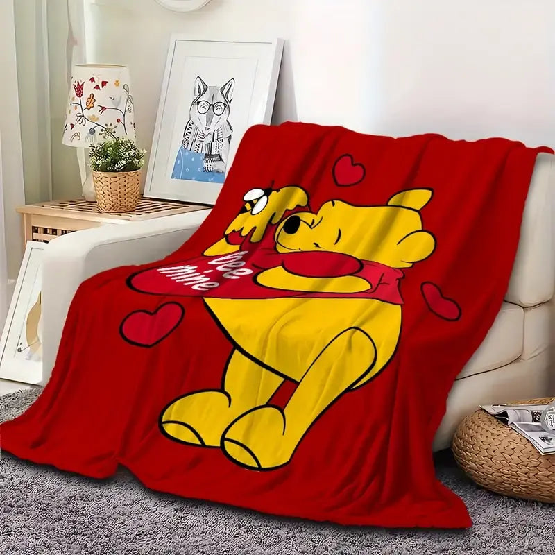 [SummerVibes] DISNEY CLASSIC Winnie the Pooh & Tigger Flannel Throw Blanket - Ultra-Soft Lightweight All-Season Red with Hearts Design, Cozy Blanket for Bed, Sofa, or Gift
