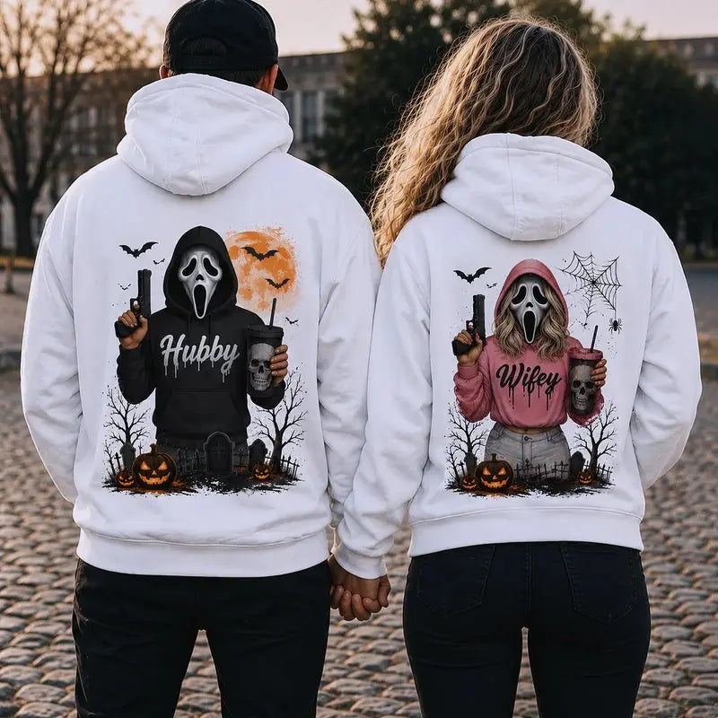 [A piece of clothing]Hubby Wifey Halloween Spooky Season Couple Matching Hoodies Casual Street Style Fleece Fabric Pullover Hooded Sweatshirt Tops Trendy for Women for Men