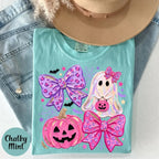 Comfort Colors Preppy Ghost Coquette Shirt, Cute Pink Bow Halloween T-Shirt, Girly Spooky Season Graphic Tee, Retro Fall Ghost Apparel, Trendy Gift