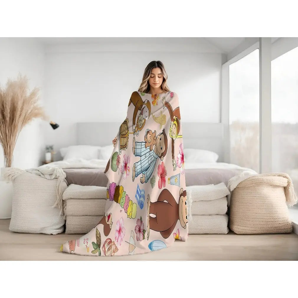 Curious George Classic Flannel Print Throw Blanket - Tropical & Pajama Collage, Beach Surf Adventure, Pancake Scene Designs, Lightweight, Fade Resistant, Soft Cozy, Machine Washable for Kids' Beds, Living Space Snuggle, Holiday Birthday Gift