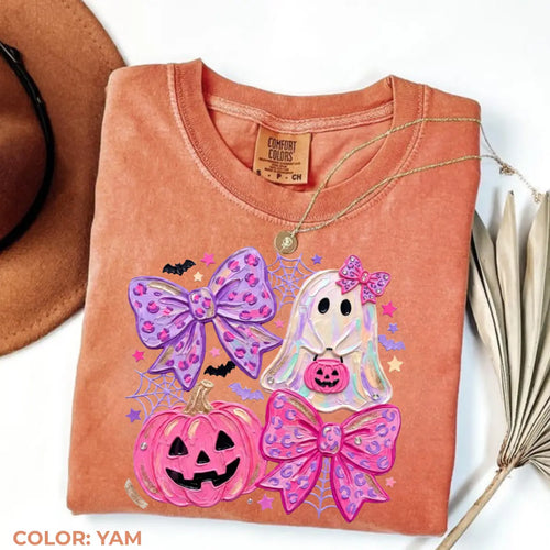 Comfort Colors Preppy Ghost Coquette Shirt, Cute Pink Bow Halloween T-Shirt, Girly Spooky Season Graphic Tee, Retro Fall Ghost Apparel, Trendy Gift