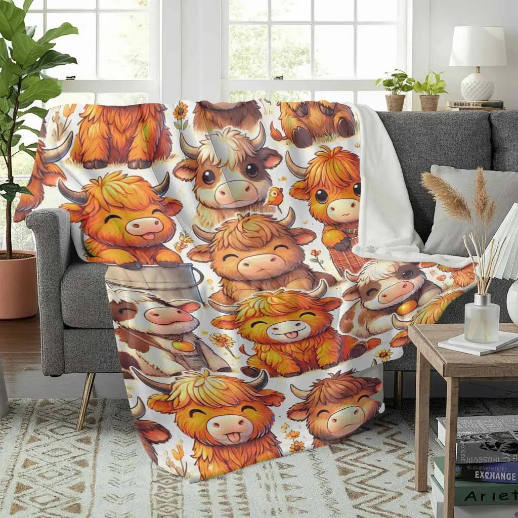 Highland Cow Flannel Throw Blanket - Cute Cows Cartoon Print, Anti-Pilling Flannel Fabric, Plush-Durable Weave, Soft Warm Lightweight Decorative for Sofa Bedroom, Sohochic Gift