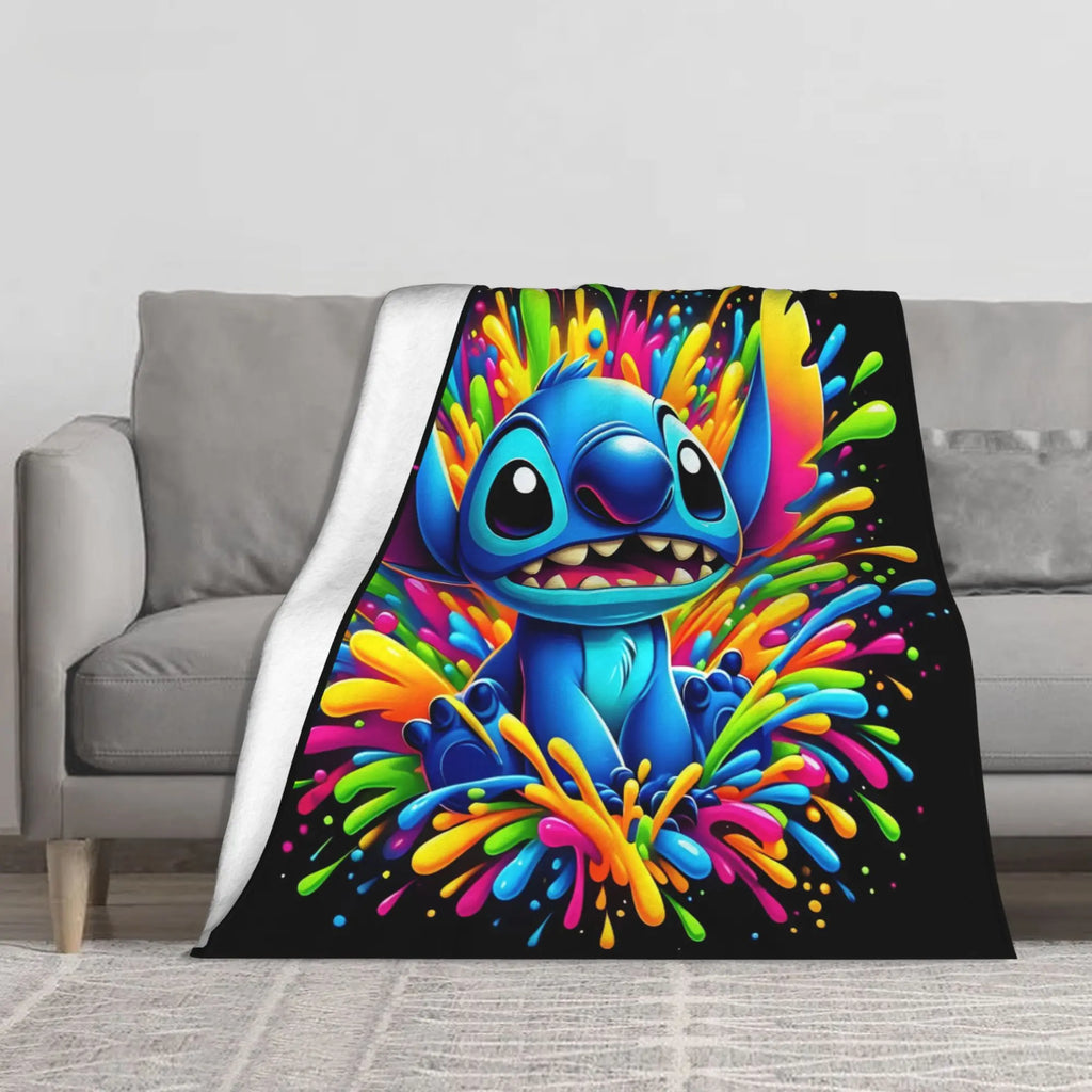 [SummerVibes] DISNEY CLASSIC Lilo & Stitch Colorful Splash Throw Blanket - Super Soft Flannel, Lightweight, Ideal for Couch, Camping & Outdoor Use