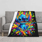 [SummerVibes] DISNEY CLASSIC Lilo & Stitch Colorful Splash Throw Blanket - Super Soft Flannel, Lightweight, Ideal for Couch, Camping & Outdoor Use