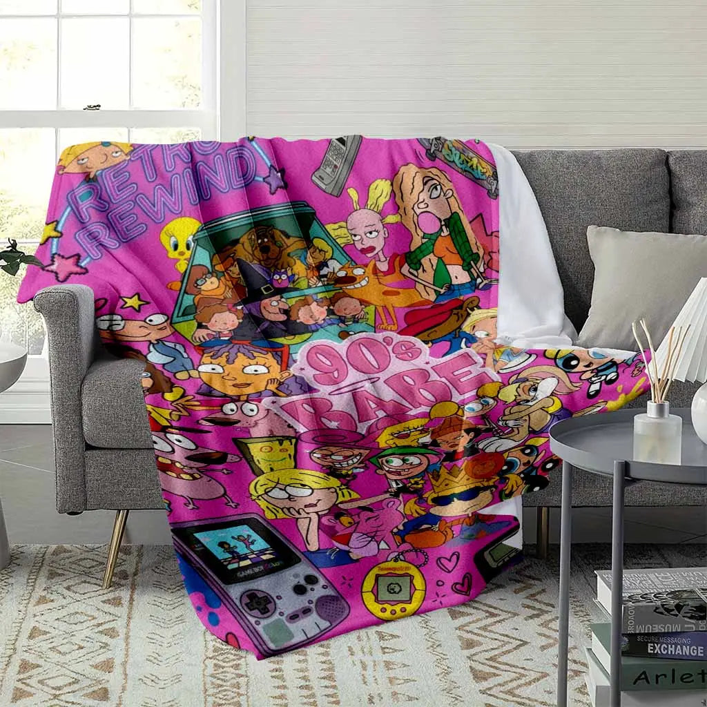 90s Nostalgic Cartoon Collage Flannel Fleece Blanket - Iconic Retro Pop Culture Characters Print, Breathable Soft Comfy Cozy Throw, Decorative Sofa Blanket for Living Room, Travel Gifts, Breathable Soft Blanket