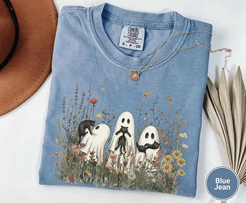 Comfort Colors Vintage Cottagecore Ghost Cat TShirt, Halloween Whimsical Wildflower Botanical Tee, Floral Spooky Nature Lover Gift