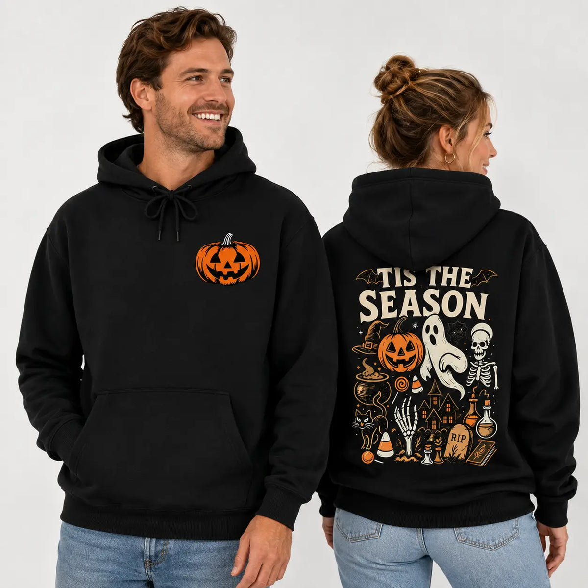 Halloween Spooky Season Graphic Hoodie, Pumpkin Ghost Skeleton Front and Back Print Pullover Sweatshirt, Vintage Horror Long Sleeve Streetwear Hoodie for Halloween Party, Fall and Daily Wear