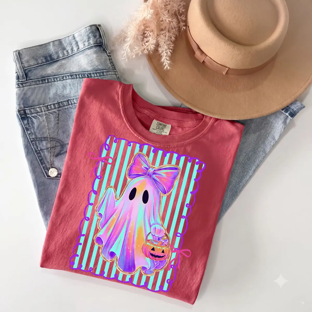 Comfort Colors Preppy Halloween Ghost Shirt, Cute Boo Ghost Coquette Tee, Floral Spooky Season Pumpkin Shirt, Girly Retro Halloween Apparel for Women