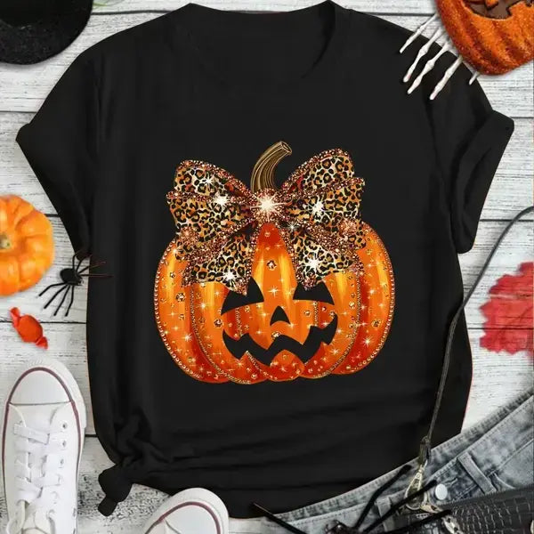 [100% Cotton] Pumpkin Leopard Coquette Bow Girly Women Girls Halloween T-Shirt Print Round Neck Short Sleeve Streetwear Fashion Breathable Homme Soft Unisex Designer Clothes For Women Casual Clothes,Hoodie And Sweats Golf Gift T-Shirt For Men And Women