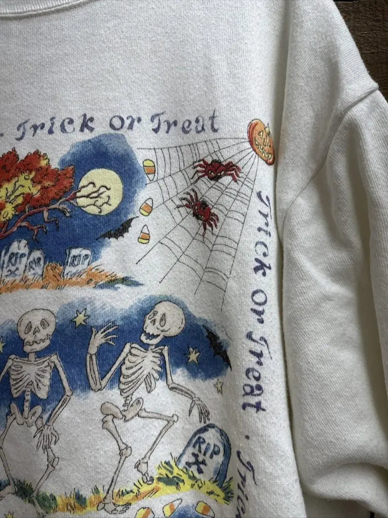 Halloween Skeleton Crewneck Vintage 90s Cotton Unisex, Trick or Treat Halloween Aesthetic, Garment-Dyed Soft, Women's Fall Relaxed Fit Sweatshirt