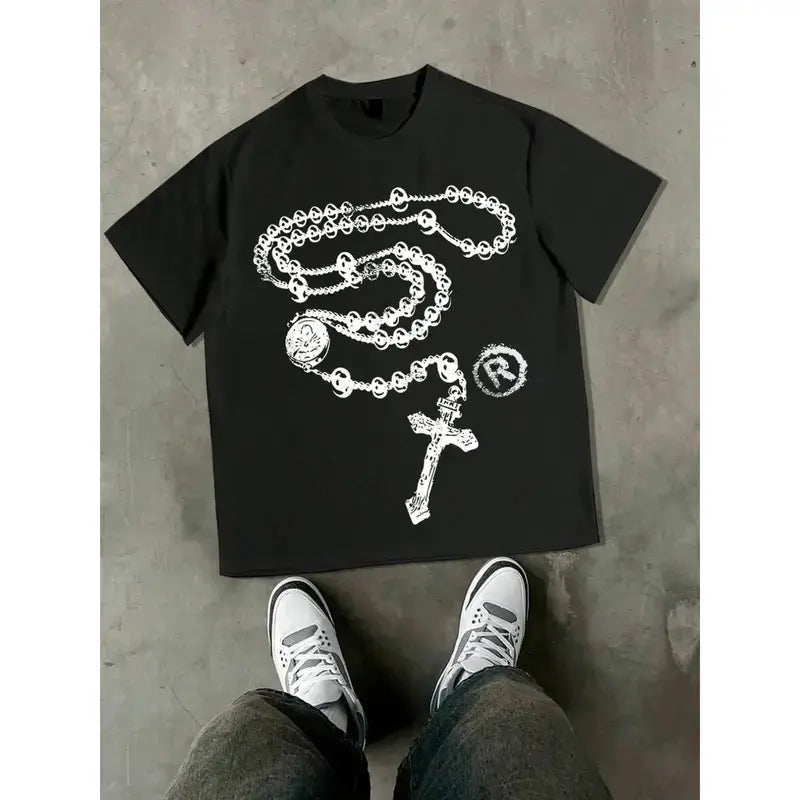 Men's Loose Fit Cross Necklace Print T-Shirt