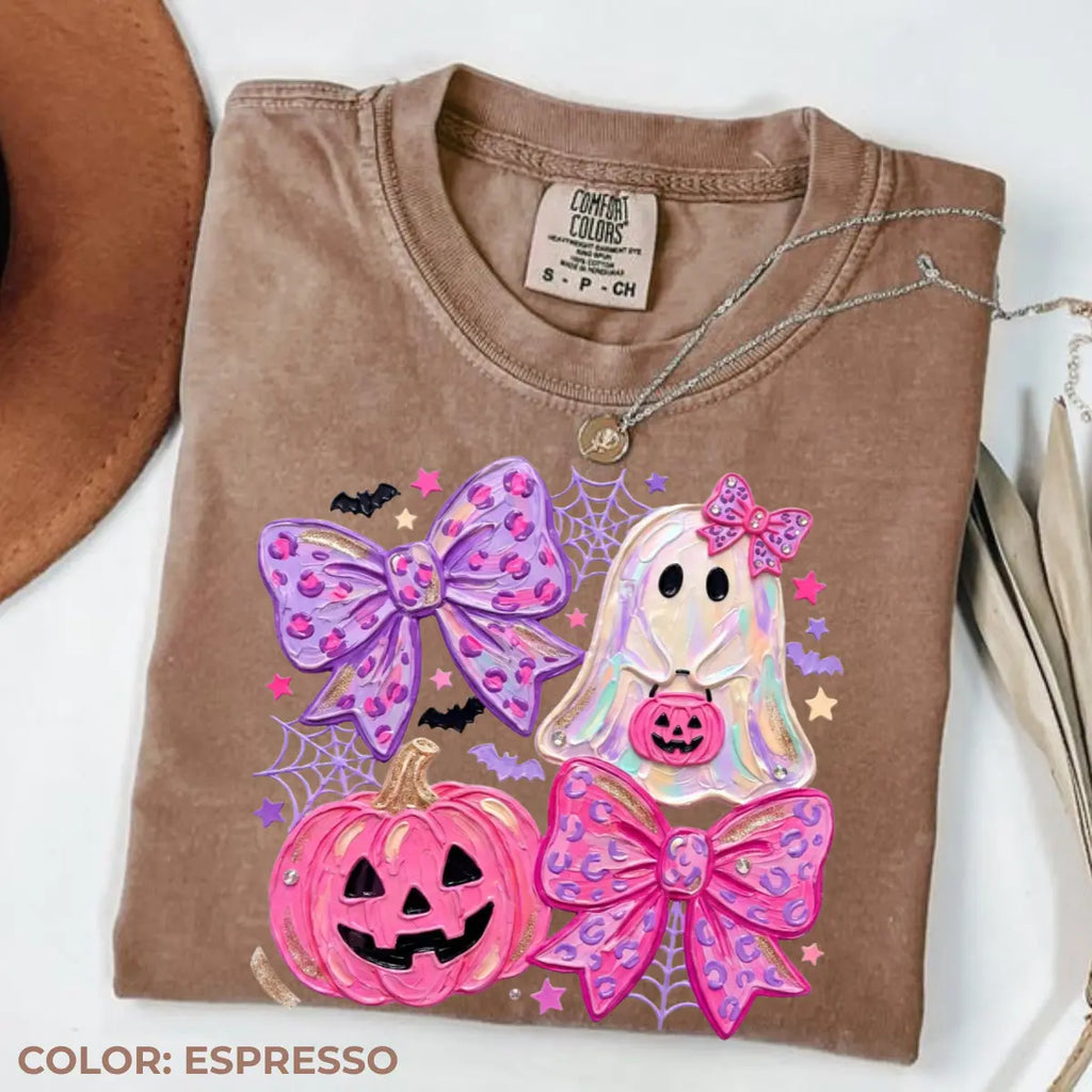 Comfort Colors Preppy Ghost Coquette Shirt, Cute Pink Bow Halloween T-Shirt, Girly Spooky Season Graphic Tee, Retro Fall Ghost Apparel, Trendy Gift