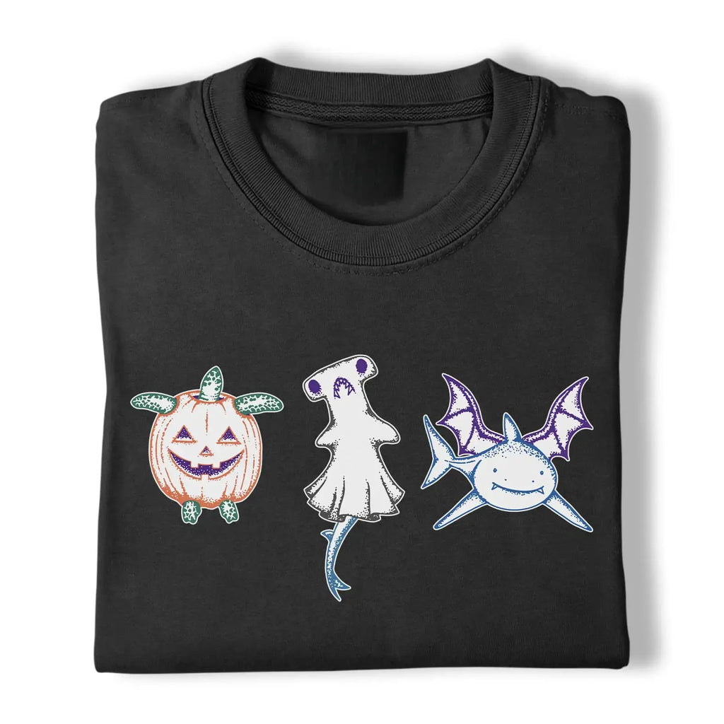 Women's Graphic T-Shirt - Cute Halloween Sea Animals, Pumpkin Turtle, Ghost Shark, Bat Wings Print - Plus Size Clothes, Cute Shirts, Whimsical Clothes - Unisex Gift for Spooky Ocean Animal Lovers