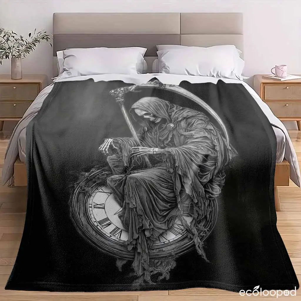 Grim Reaper Flannel Throw Blanket - Soft, Gentle on Skin, Death & Time Clock Print, Lightweight, Anti-Pilling, Wrinkle Resistant, Gothic Home Decor, Halloween Gift for Dark Fantasy Lovers, Cozy Warm Bedding Blanket