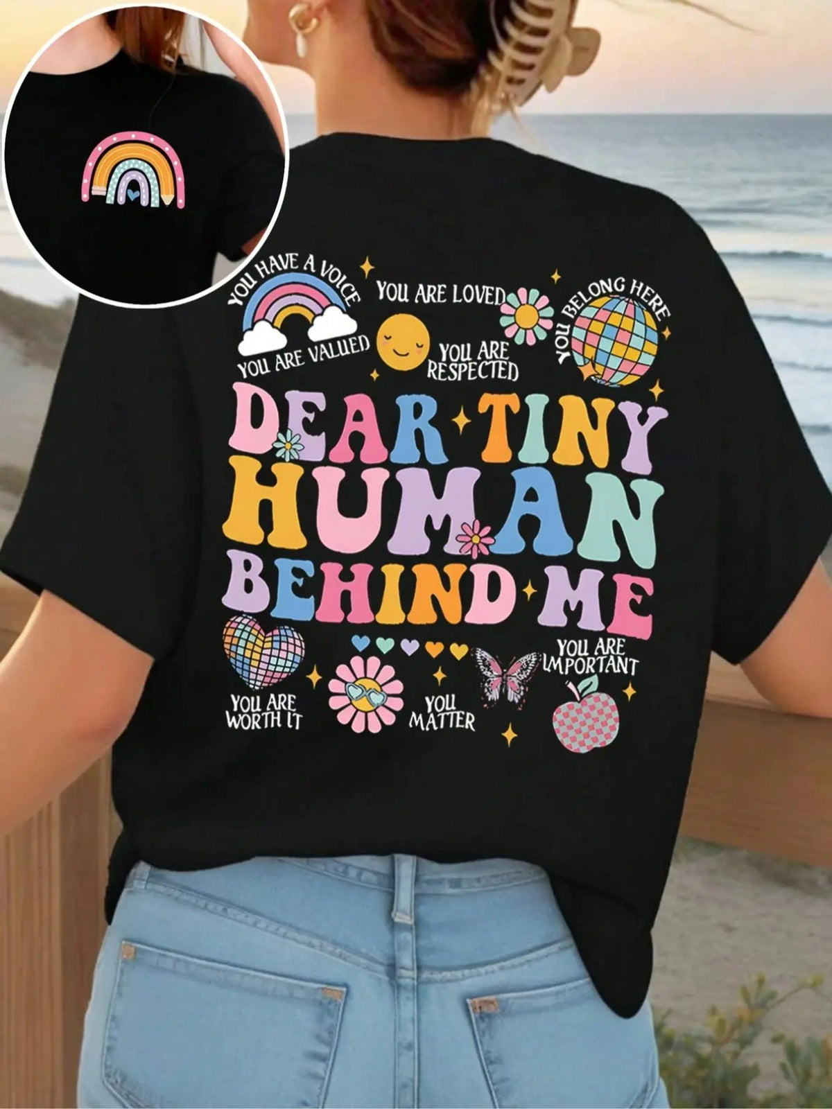 Women's Rainbow & Letter & Floral Print Round Neck Graphic Tee, T Shirts for Women, Vintage Trendy Boho Casual Summer Streetwear Short Sleeve T-shirt for Daily Wear, Ladies Summer Outfit Womenswear Apparel T Shirt