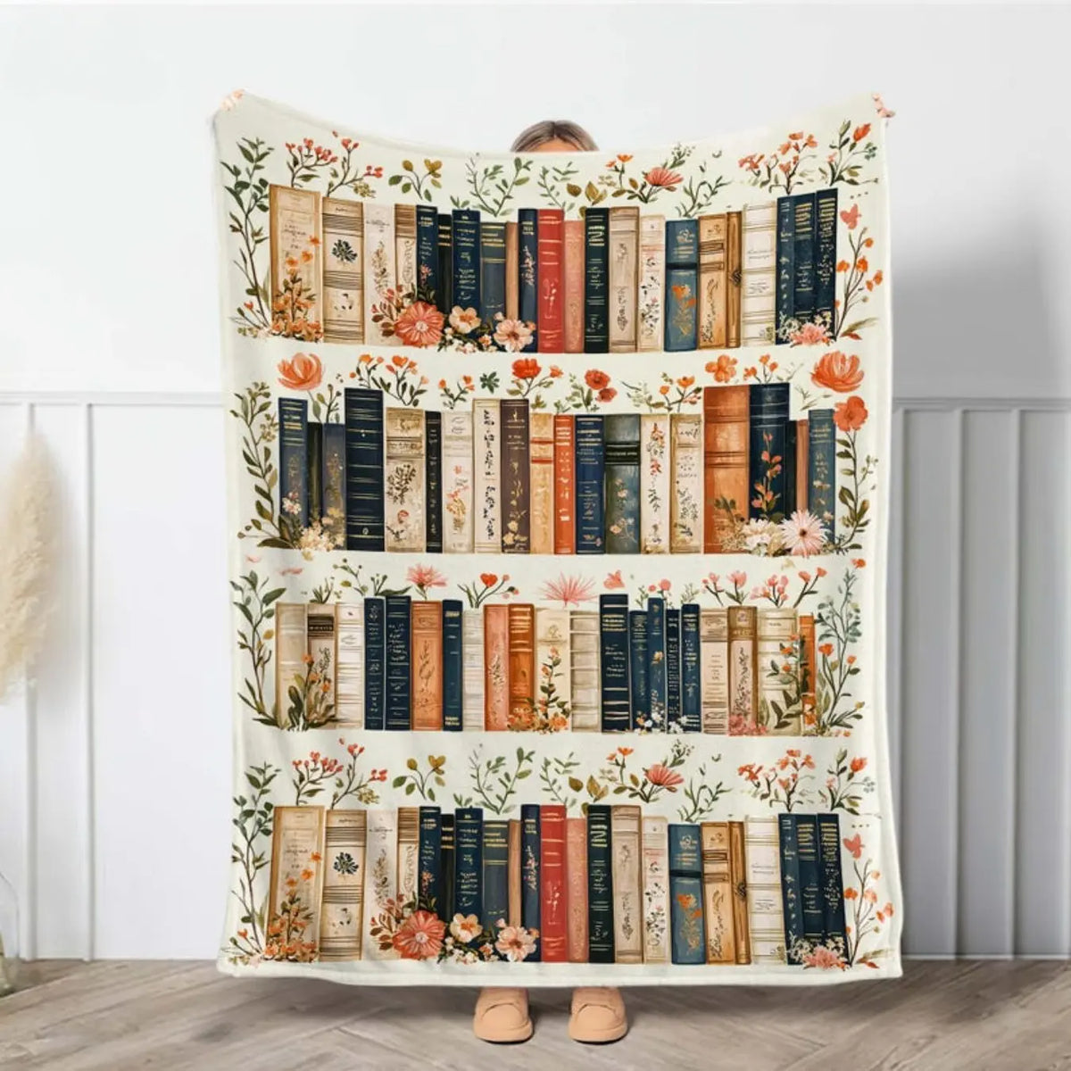 Vintage Bookshelf Fleece Blanket Throw - Floral Print Cottagecore Home Decor, Edge-to-Edge Full Print Fluffy Sherpa Back, Breathable Fleece Cozy All-Season Cover for Bedroom Sofa, Retro Bookshelf Vibes Gift for Book Lovers
