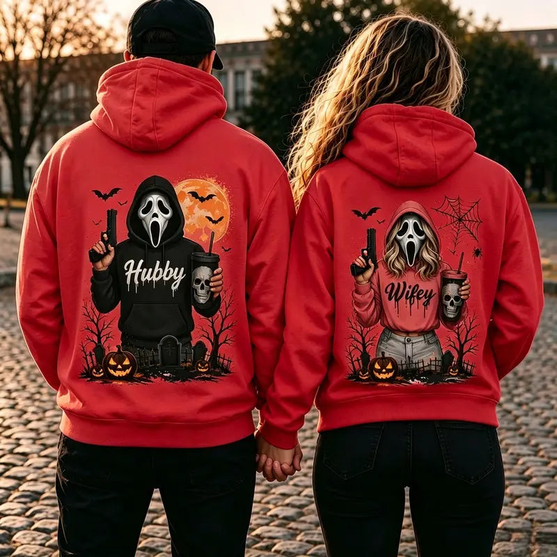 [A piece of clothing]Hubby Wifey Halloween Spooky Season Couple Matching Hoodies Casual Street Style Fleece Fabric Pullover Hooded Sweatshirt Tops Trendy for Women for Men