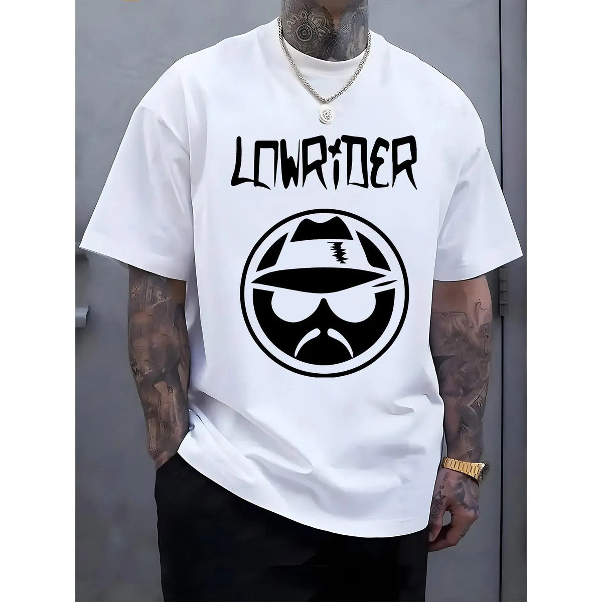 Men's Casual Graphic Tee - LOWRIDER Print, White
