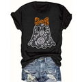[100% Cotton] Women'S Vintage-Inspired Halloween T-Shirt - Spooky & Floral Print With Bats & Pumpkins - Black & White Casual Loose-Fit Crewneck Top For Year-Round Wear, Costume Parties & Daily Outfits (Machine Washable) Golf Gift T-Shirt For Men And Women