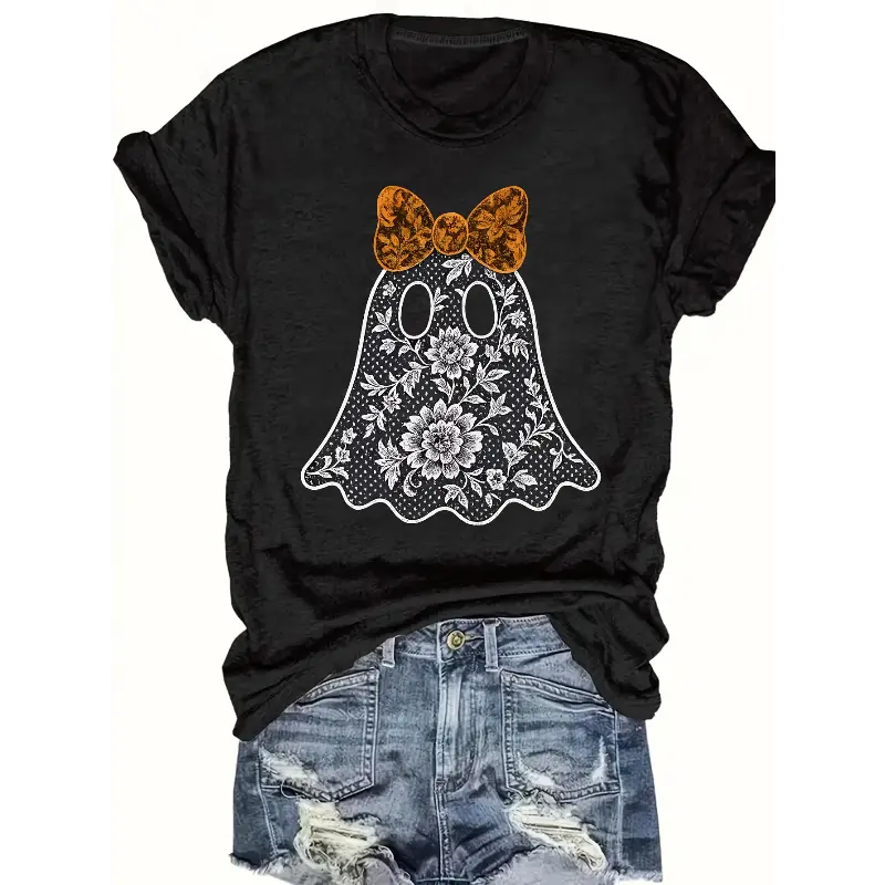 [100% Cotton] Women'S Vintage-Inspired Halloween T-Shirt - Spooky & Floral Print With Bats & Pumpkins - Black & White Casual Loose-Fit Crewneck Top For Year-Round Wear, Costume Parties & Daily Outfits (Machine Washable) Golf Gift T-Shirt For Men And Women