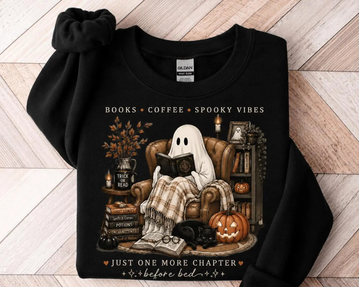 Cozy Ghost Reading Gildan Sweatshirt or T-Shirt, Book Lover Coffee Spooky Vibes Shirt, Cute Halloween Reader Fall Graphic Tee