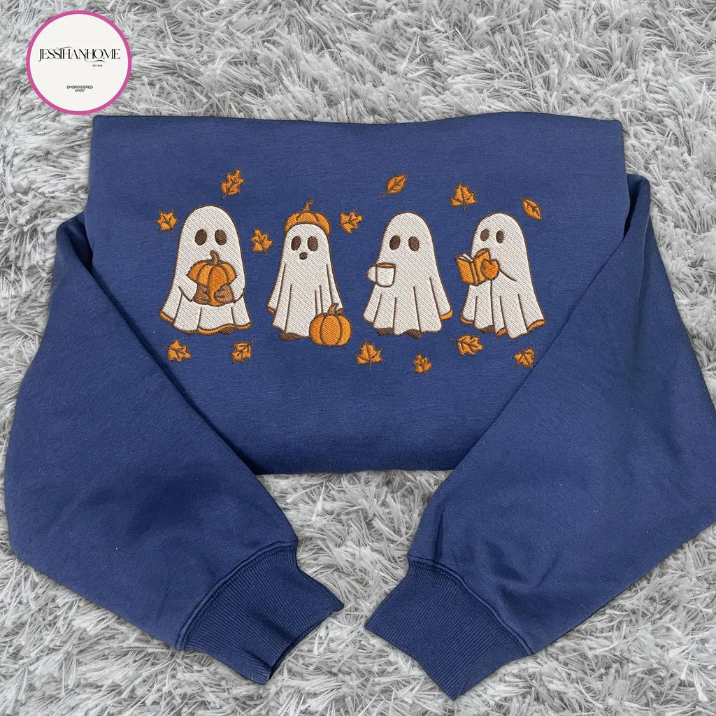 Embroidered Spooky Fall Sweatshirt, Vintage Halloween Pumpkin Spooky Season Sweater, Ghost And Pumpkin T-shirt, Halloween Gifts