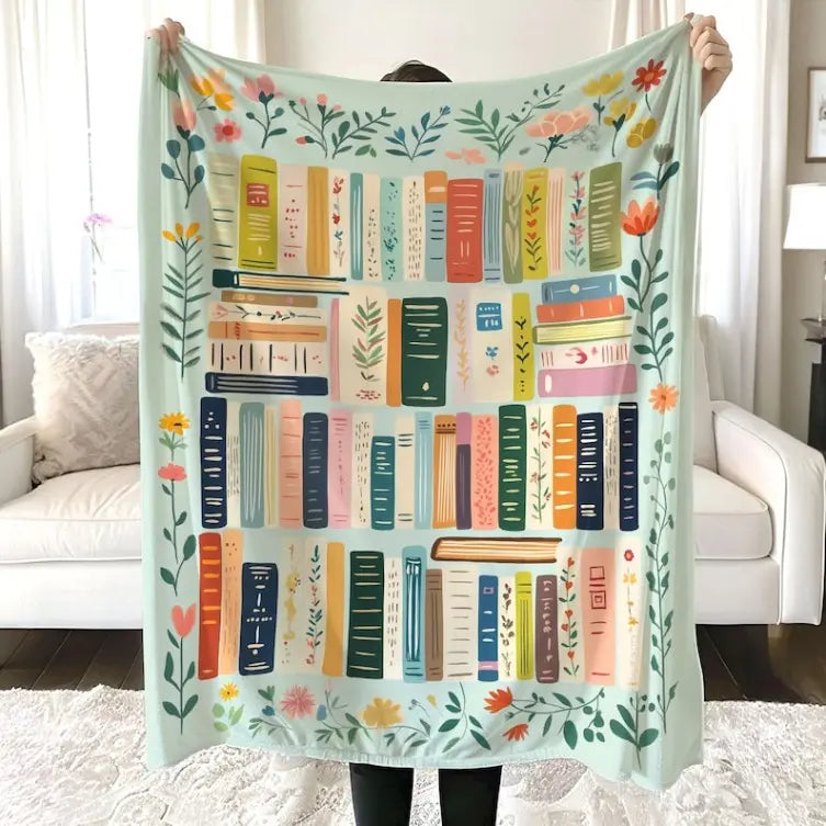 Vintage Books and Wildflowers Throw Blanket, Soft Flannel for Couch and Bed, Cottagecore Decor, Bookish Gift for Book Lovers