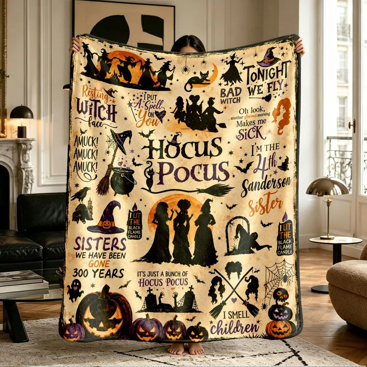 Comfortable Halloween Three Witches & Pumpkin Print Flannel Blanket, Soft Warm Anti-Pilling Cozy Throw, Ideal Fall & Winter Gift, Fall Blankets
